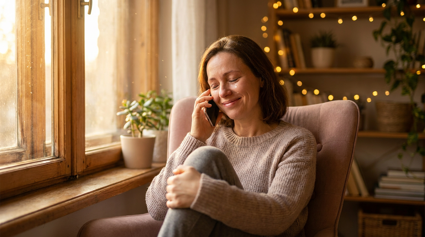 A woman smiling while receiving a LoveCall on the phone